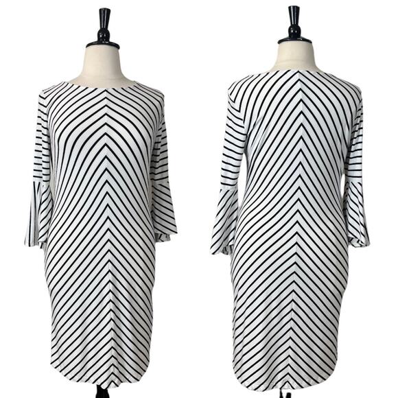 Chico’s White Black Stripe Bell Sleeve Midi Shift Dress Size 2 Women's 12/14 - Picture 13 of 13